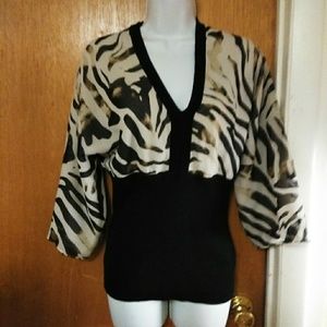 Cream black and brown V neck Blouse